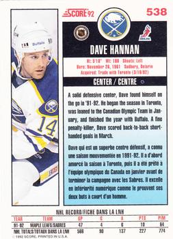 1992-93 Score Canadian #538 Dave Hannan Back
