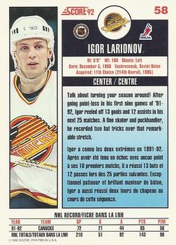 1992-93 Score Canadian #58 Igor Larionov Back