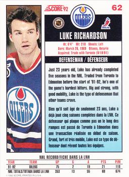1992-93 Score Canadian #62 Luke Richardson Back
