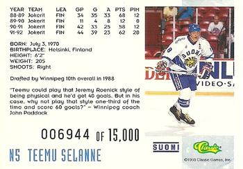 1993 Classic '93 Hockey Draft - Crash Numbered #N5 Teemu Selanne Back