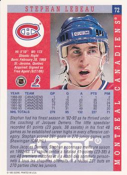 1993-94 Score Canadian #72 Stephan Lebeau Back