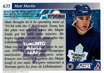 1993-94 Score Canadian #635 Matt Martin Back