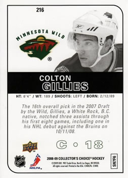 2008-09 Collector's Choice #216 Colton Gillies Back