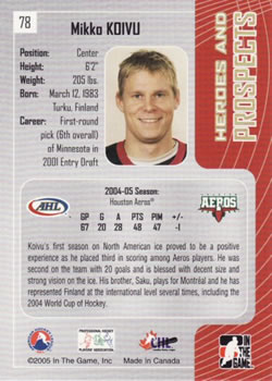 2005-06 In The Game Heroes and Prospects #78 Mikko Koivu Back