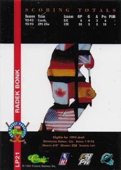 1994 Classic Pro Hockey Prospects - International Heroes #LP21 Radek Bonk Back