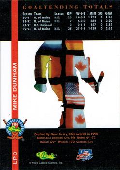 1994 Classic Pro Hockey Prospects - International Heroes #LP3 Mike Dunham Back
