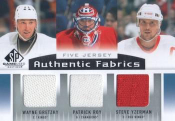 2013-14 SP Game Used - Authentic Fabrics Fives #AF5-GR8 Wayne Gretzky / Patrick Roy / Steve Yzerman / Dale Hawerchuk / Brett Hull Front