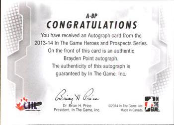 2013-14 In The Game Heroes and Prospects - Autographs #A-BP Brayden Point Back