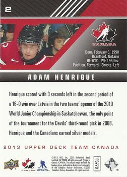 2013 Upper Deck Team Canada #2 Adam Henrique Back