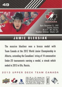 2013 Upper Deck Team Canada #49 Jamie Oleksiak Back