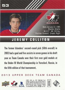 2013 Upper Deck Team Canada #53 Jeremy Colliton Back