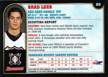 1999 Bowman CHL #89 Brad Leeb Back