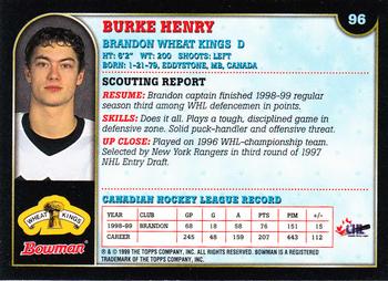 1999 Bowman CHL #96 Burke Henry Back