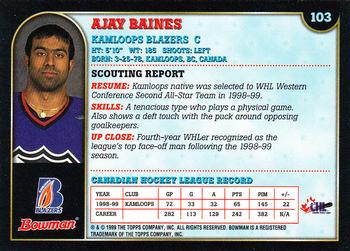 1999 Bowman CHL #103 Ajay Baines Back