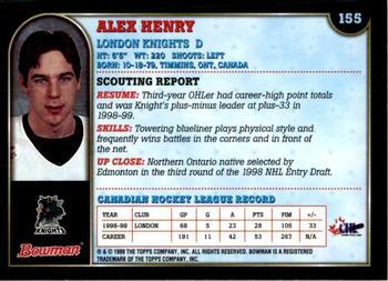 1999 Bowman CHL #155 Alex Henry Back