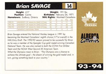 1993-94 Alberta Lotteries Canada's National Team #NNO Brian Savage Back