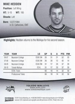 2010-11 Choice Toledo Walleye (ECHL) #7 Mike Hedden Back