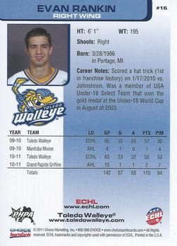 2011-12 Choice Toledo Walleye (ECHL) #16 Evan Rankin Back