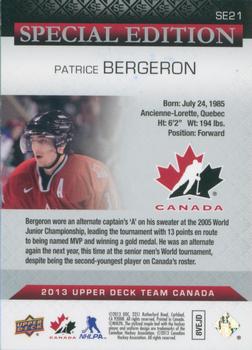 2013 Upper Deck Team Canada - Special Edition #SE21 Patrice Bergeron Back
