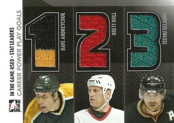 2013-14 In The Game Used - Stat Leaders Triple Jerseys Silver #SL-05 Dave Andreychuk / Brett Hull / Teemu Selanne Front