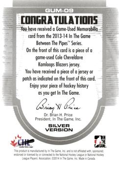 2013-14 In The Game Between the Pipes - Game-Used Jersey Silver #GUM-09 Cole Cheveldave Back