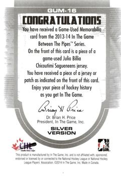 2013-14 In The Game Between the Pipes - Game-Used Jersey Silver #GUM-16 Julio Billia Back