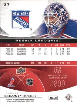 2008-09 Upper Deck Trilogy #27 Henrik Lundqvist Back