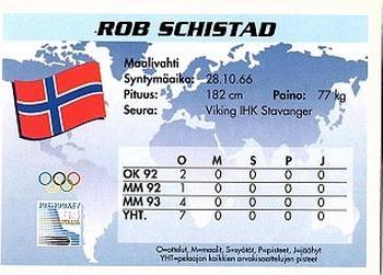 1994 Semic Jääkiekkokortit Keräilysarja (Finnish) #252 Rob Schistad Back