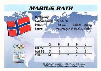 1994 Semic Jääkiekkokortit Keräilysarja (Finnish) #266 Marius Rath Back