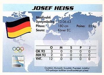 1994 Semic Jääkiekkokortit Keräilysarja (Finnish) #272 Josef Heiss Back