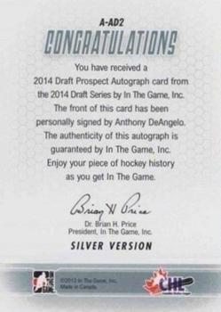 2014 In The Game Draft Prospects - Autographs #A-AD2 Anthony DeAngelo Back