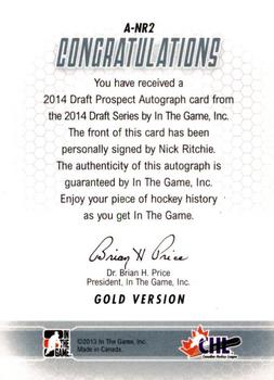 2014 In The Game Draft Prospects - Autographs #A-NR2 Nick Ritchie Back