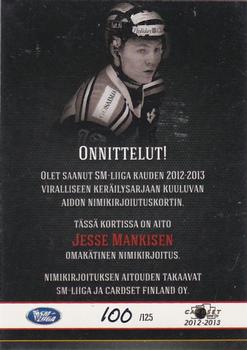2012-13 Cardset Finland - Signature #NNO Jesse Mankinen Back