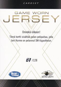 2010-11 Cardset Finland - Game Worn Jersey Series 1 Exchange #NNO Jani Hurme Back