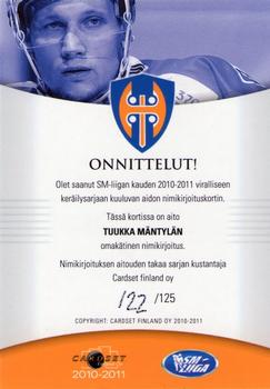 2010-11 Cardset Finland - Signature #NNO Tuukka Mäntylä Back