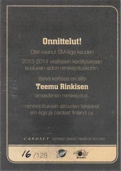 2013-14 Cardset Finland - Signature #NNO Teemu Rinkinen Back