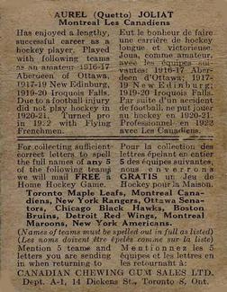 1933-34 Canadian Gum (V252) #NNO Aurel (Quetto) Joliat Back