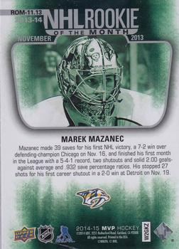 2014-15 Upper Deck MVP - NHL Rookie of the Month #ROM-11.13 Marek Mazanec Back