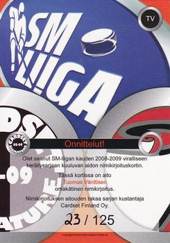 2008-09 Cardset Finland - Signature Sensations #TV Tuomas Vänttinen Back