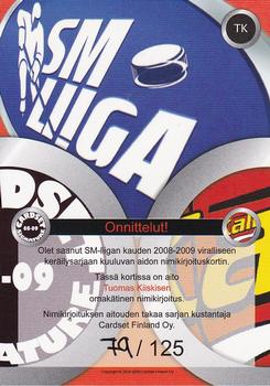 2008-09 Cardset Finland - Signature Sensations #TK Tuomas Kiiskinen Back