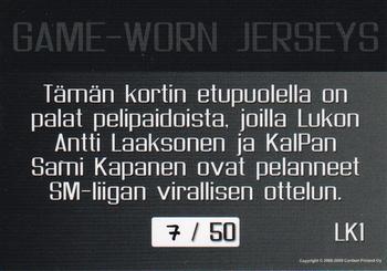 2008-09 Cardset Finland - Game-Worn Jerseys Dual #LK1 Antti Laaksonen / Sami Kapanen Back
