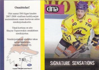 2007-08 Cardset Finland - Signature Sensations #ST Shayne Toporowski Back