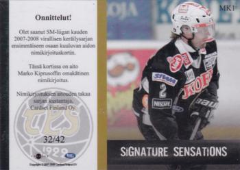 2007-08 Cardset Finland - Signature Sensations #MK1 Marko Kiprusoff Back