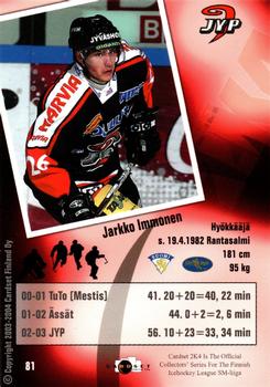 2003-04 Cardset Finland #81 Jarkko Immonen Back