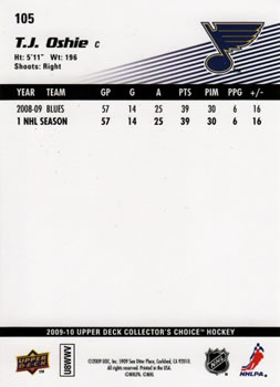 2009-10 Collector's Choice #105 T.J. Oshie Back
