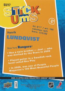2009-10 Collector's Choice - Stick-Ums #SU17 Henrik Lundqvist Back