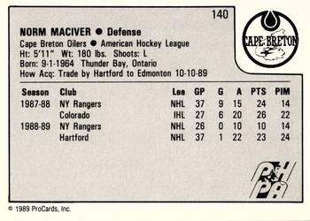 1989-90 ProCards AHL #140 Norm Maciver Back
