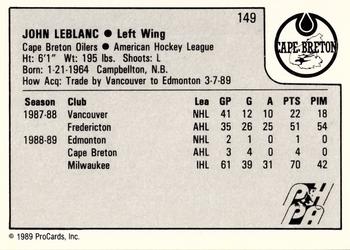 1989-90 ProCards AHL #149 John LeBlanc Back