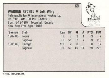 1989-90 ProCards IHL #69 Warren Rychel Back
