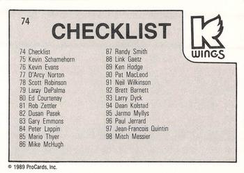 1989-90 ProCards IHL #74 Kalamazoo Wings Checklist Back
